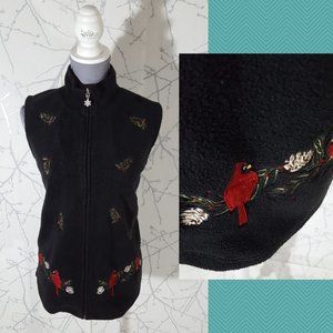 Accent Collection Black Fleece Cardinal Bird Embroidered Full Zip Vest